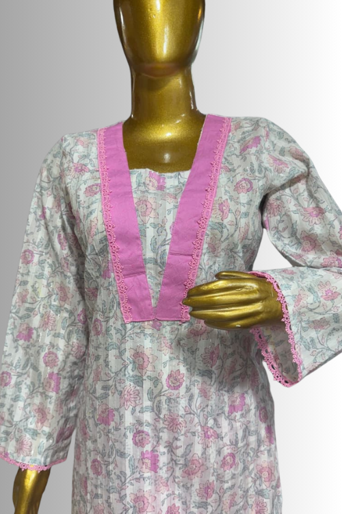 Pink Printed Cotton Kurta With Farshi Salwar
