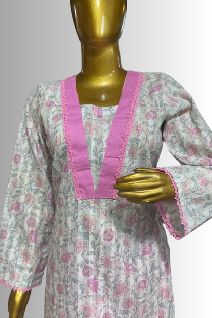 Pink Printed Cotton Kurta With Farshi Salwar
