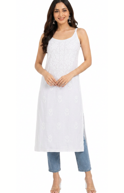 Long White Chickankari Kurta(Spaghetti Neckline)