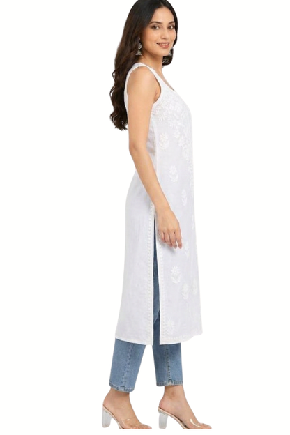 Long White Chickankari Kurta(Spaghetti Neckline)