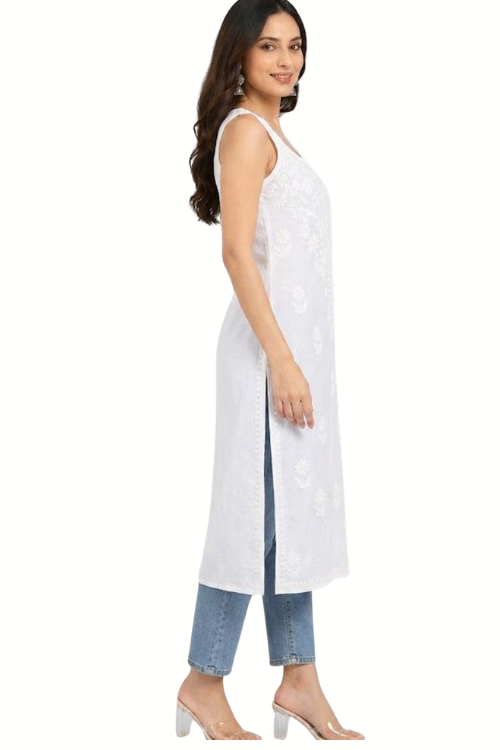 Long White Chickankari Kurta(Spaghetti Neckline)
