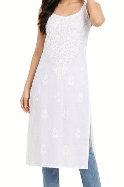 Long White Chickankari Kurta(Spaghetti Neckline)