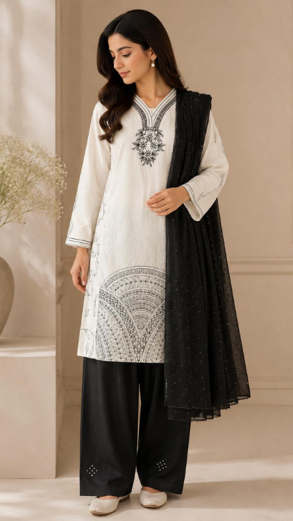 Saadagi Black & White Cotton Farshi Salwar Suit with Embroidered Neckline & Chiffon Dupatta Along With Hakoba Border Salwar