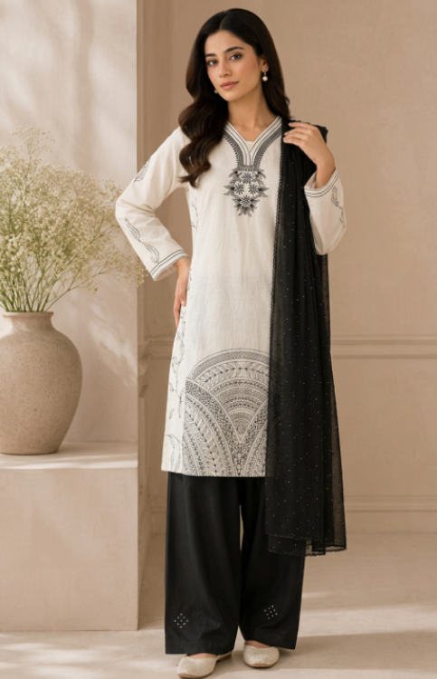 Saadagi Black & White Cotton Farshi Salwar Suit with Embroidered Neckline & Chiffon Dupatta Along With Hakoba Border Salwar