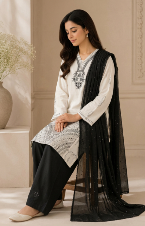 Saadagi Black & White Cotton Farshi Salwar Suit with Embroidered Neckline & Chiffon Dupatta Along With Hakoba Border Salwar