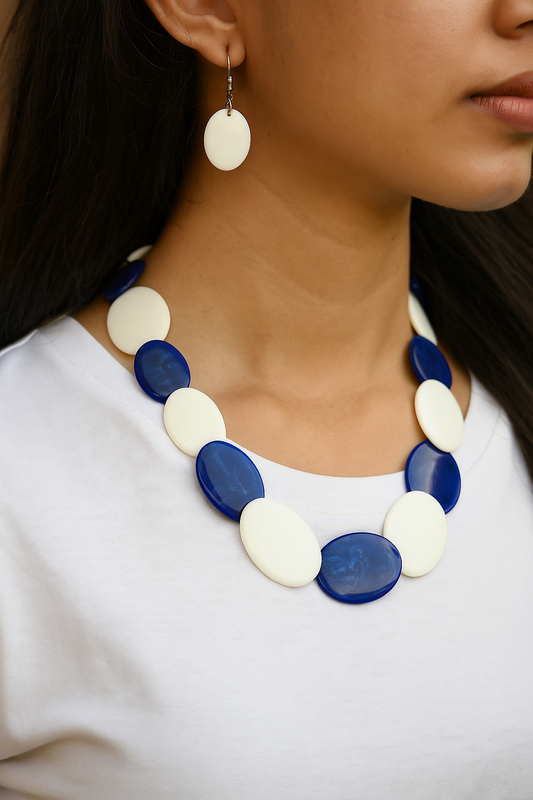 Royal Blue & White Overlapped Chemical Beads Necklace Set