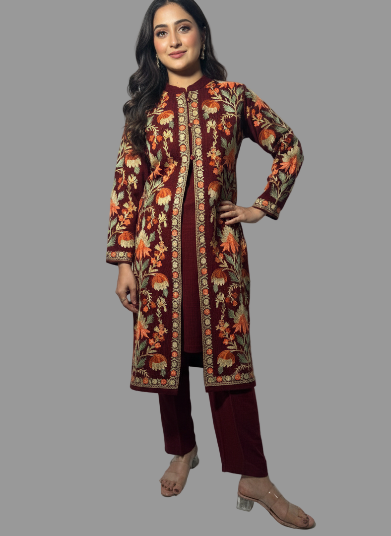 Exquisite Maroon Kashmiri Embroidered 3Pc Woolen Set(Suitable For M & L)