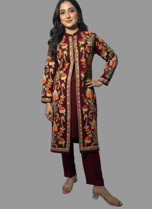 Exquisite Maroon Kashmiri Embroidered 3Pc Woolen Set(Suitable For M & L)