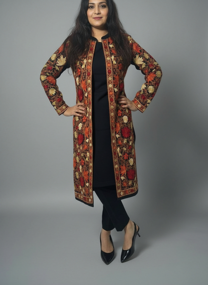 Exquisite Black Kashmiri Embroidered 3Pc Woolen Set(Suitable For M & L)