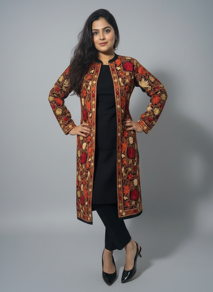 Exquisite Black Kashmiri Embroidered 3Pc Woolen Set(Suitable For M & L)