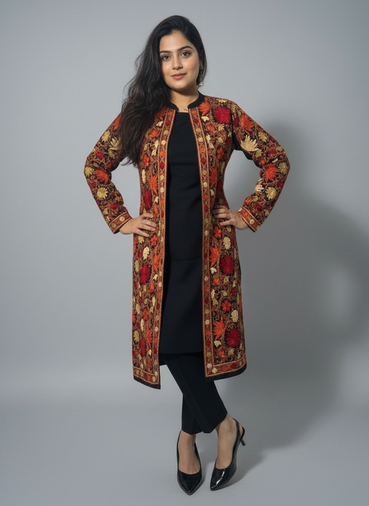 Exquisite Black Kashmiri Embroidered 3Pc Woolen Set(Suitable For M & L)