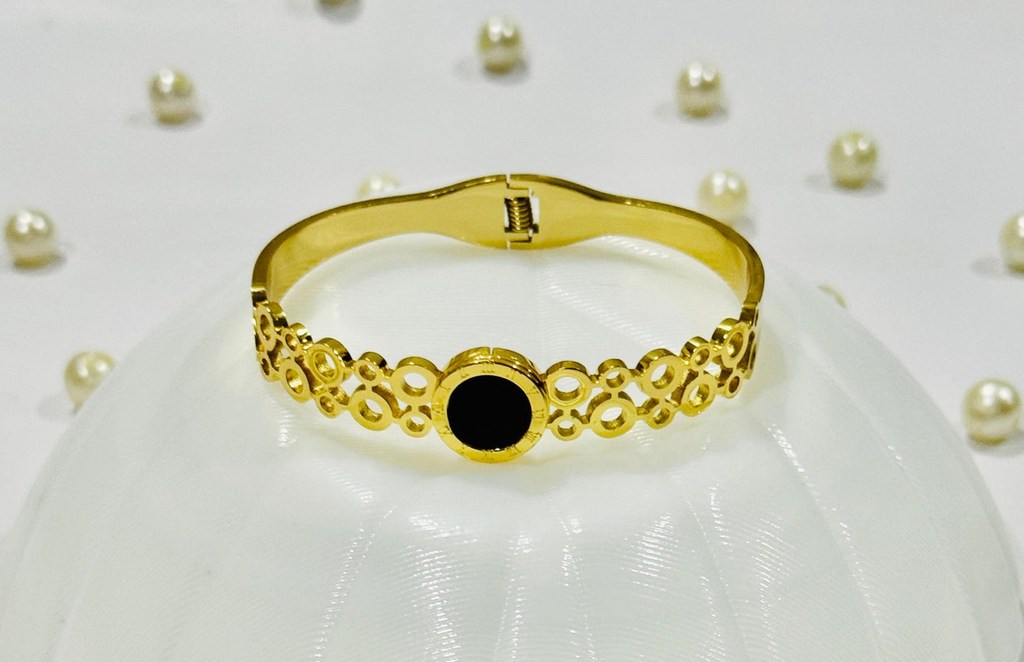 Stainless Steel Gold Plated Roman Numeral Contemporary Stone Bracelet
