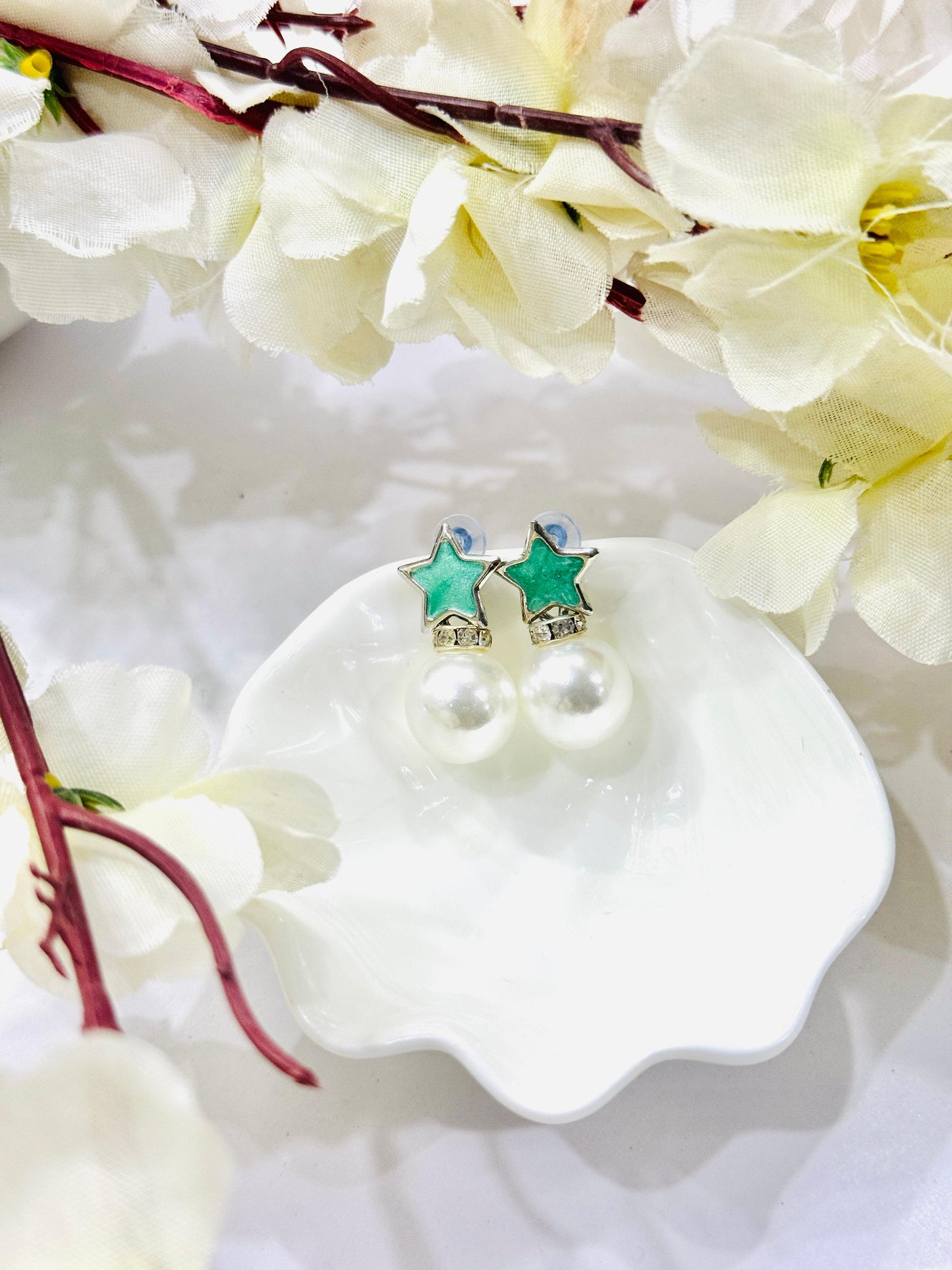 Green White Pearl Earrings