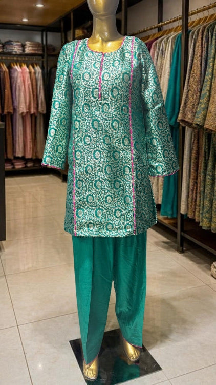Kareena Style Kimkhaab Short Kalidar Turquoise Farshi Suit