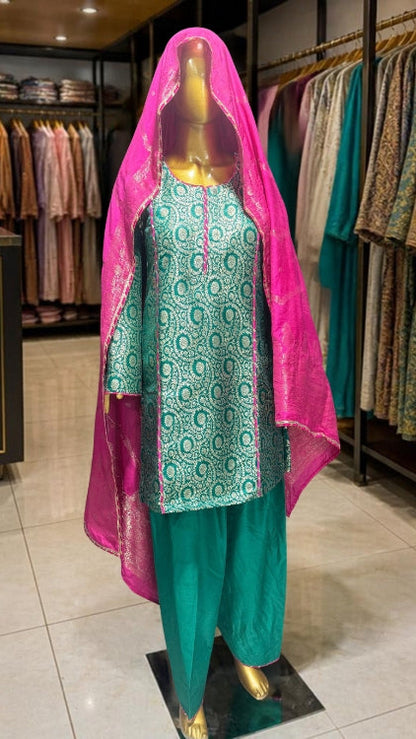 Kareena Style Kimkhaab Short Kalidar Turquoise Farshi Suit