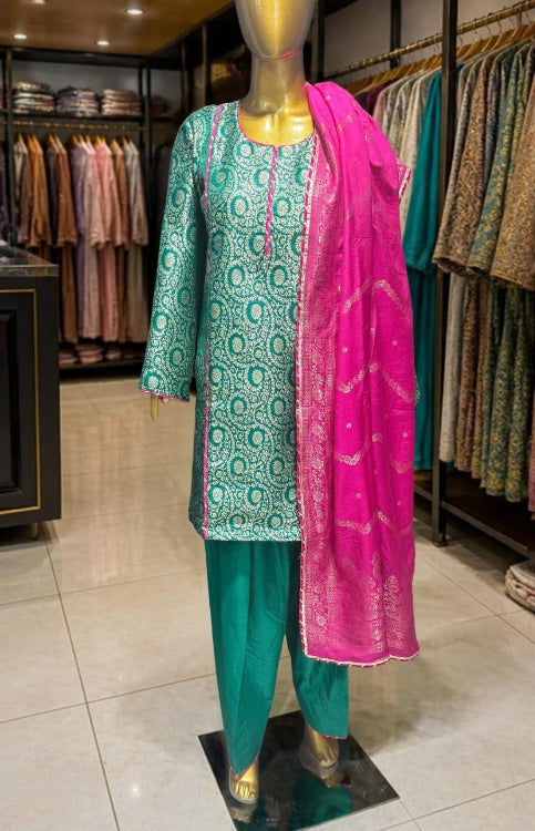 Kareena Style Kimkhaab Short Kalidar Turquoise Farshi Suit