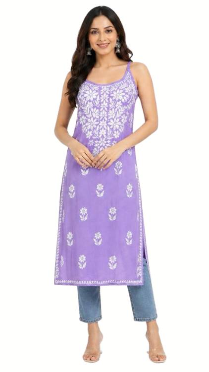 Long Lavender Chickankari Kurta(Spaghetti Neckline)