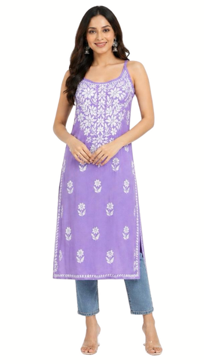 Long Lavender Chickankari Kurta(Spaghetti Neckline)