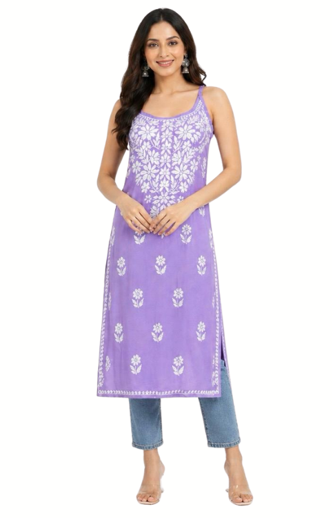 Long Lavender Chickankari Kurta(Spaghetti Neckline)