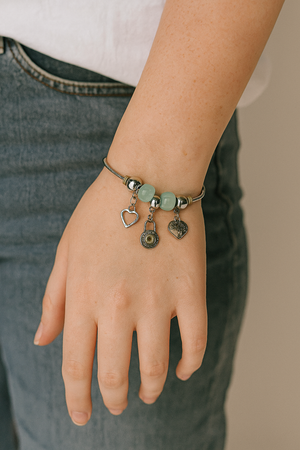 Stainless Steel Charm Bracelet with Light Green Beads