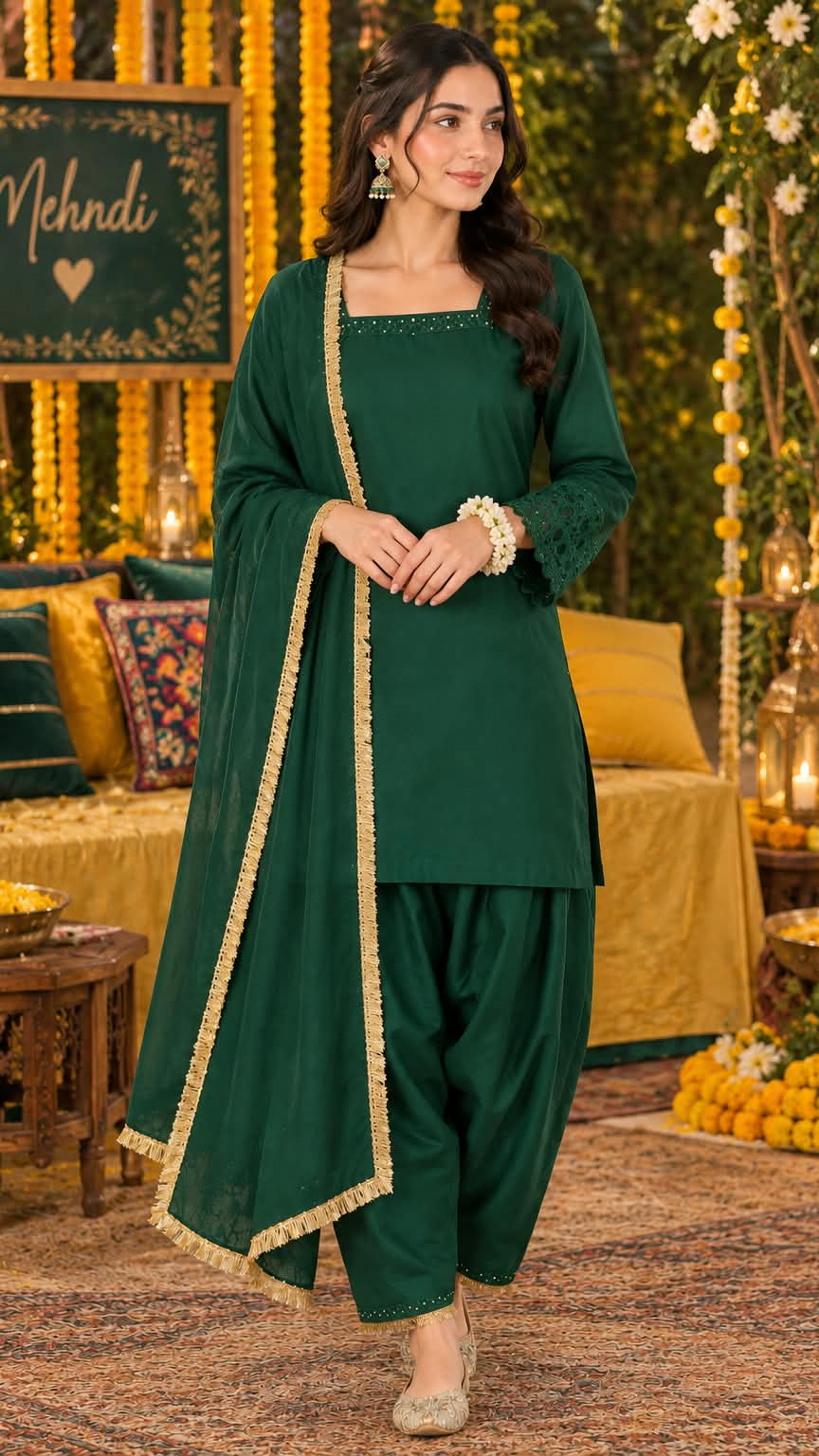 Emerald Green Pakistani Silk Farshi Set with Gold-Trimmed Dupatta