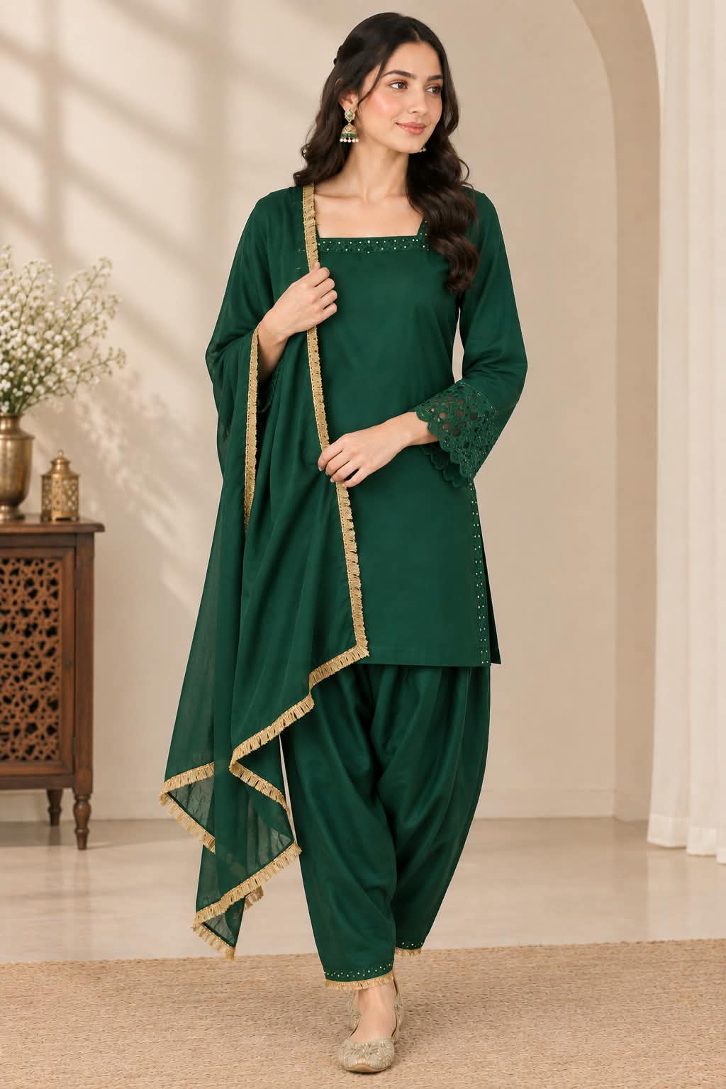Emerald Green Pakistani Silk Farshi Set with Gold-Trimmed Dupatta