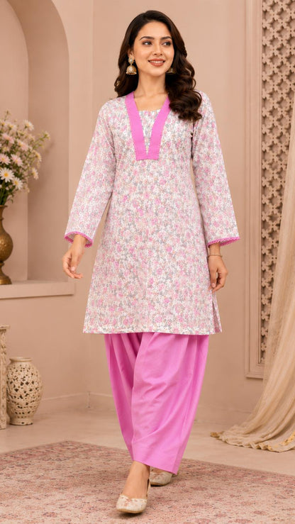 Pink Printed Cotton Kurta With Farshi Salwar