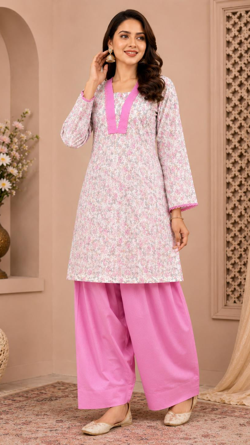 Pink Printed Cotton Kurta With Farshi Salwar