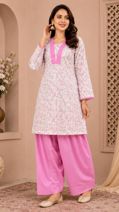 Pink Printed Cotton Kurta With Farshi Salwar