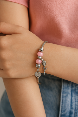 Stainless Steel Charm Bracelet with Pink Beads