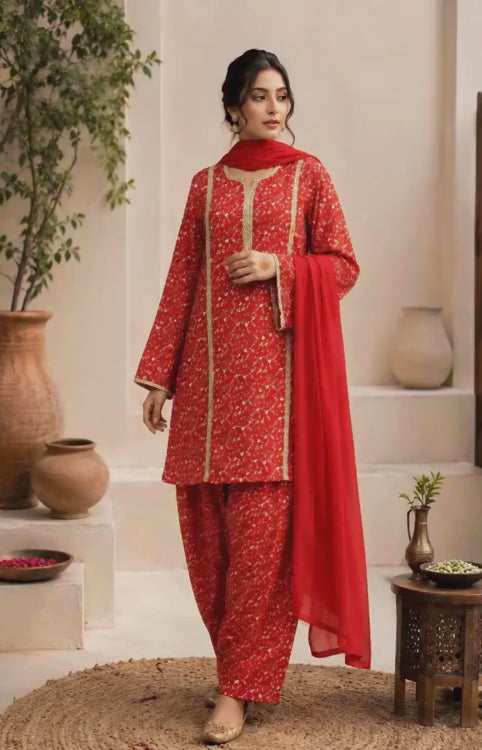 Rust Printed Farshi Salwar Suit