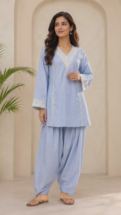Soothing Sky A Line Cotton Kurta/Farshi Salwar Suit