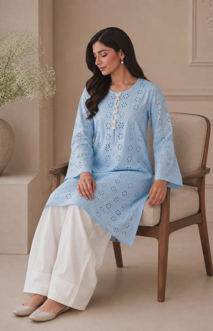 Sky Blue Hakoba Cotton Kurta with White Farshi Salwar Set