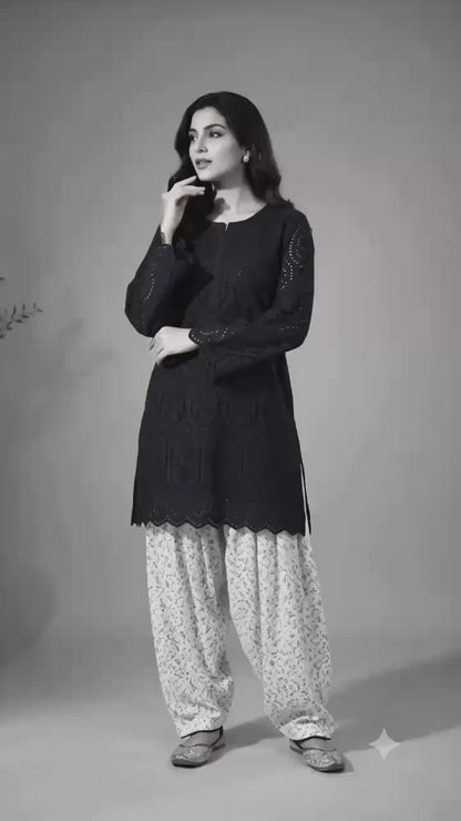 Black Hakoba Kurta with Printed White Farshi