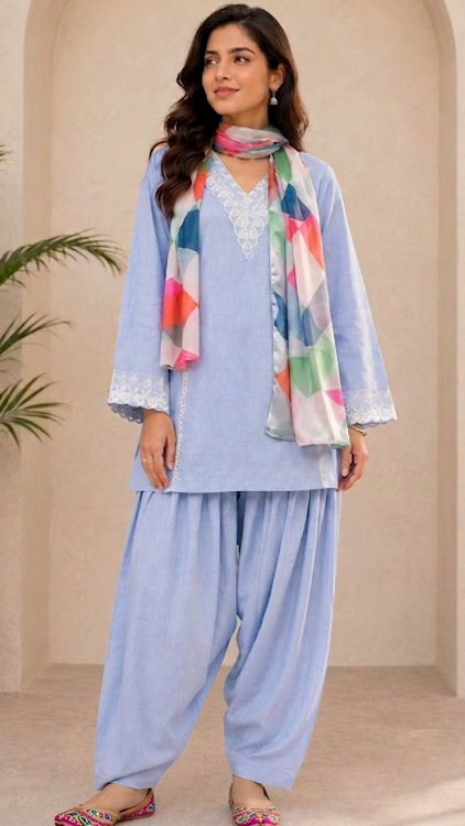 Soothing Sky A Line Cotton Kurta/Farshi Salwar Suit