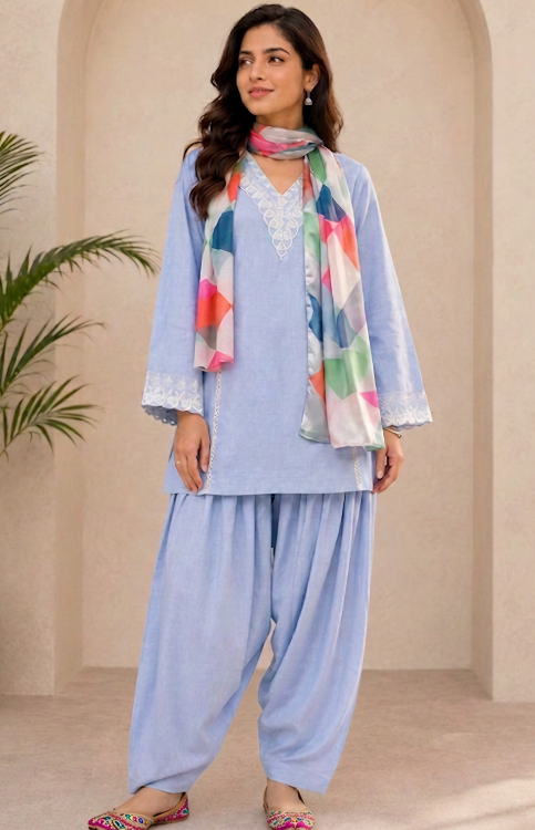 Soothing Sky A Line Cotton Kurta/Farshi Salwar Suit