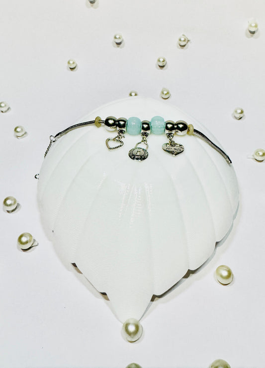 Stainless Steel Charm Bracelet with Sky Blue Beads