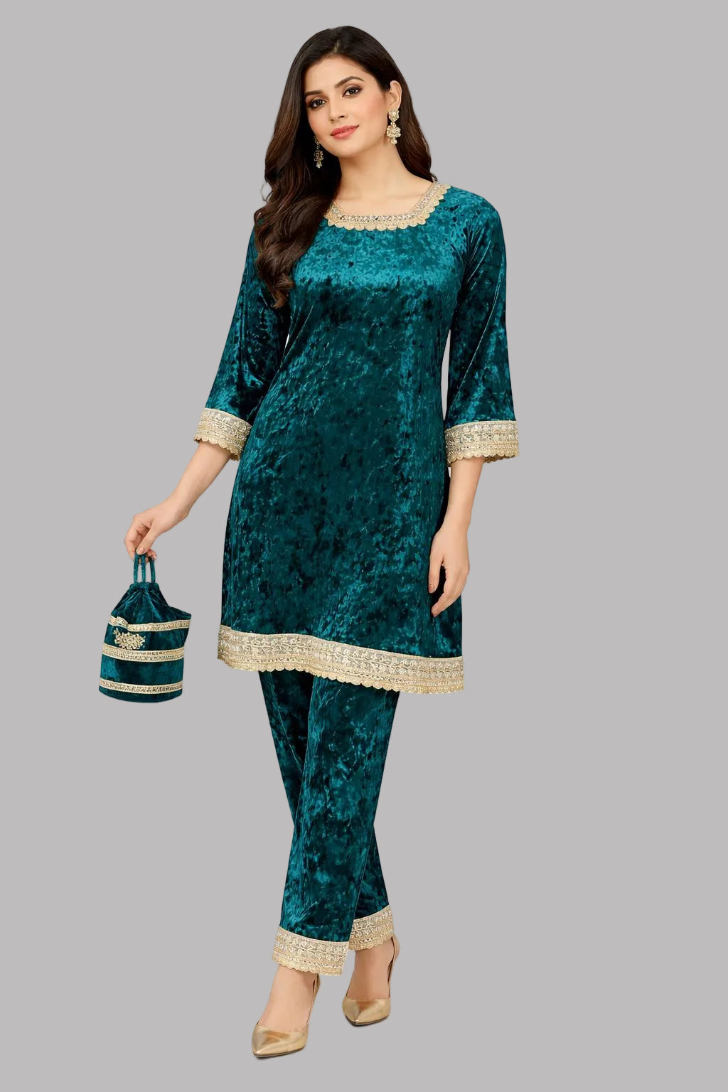 Ice Velvet A Line Kurta Set with Potli - Teal Blue