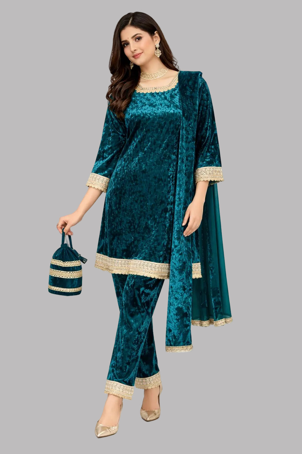 Ice Velvet A Line Kurta Set with Potli - Teal Blue