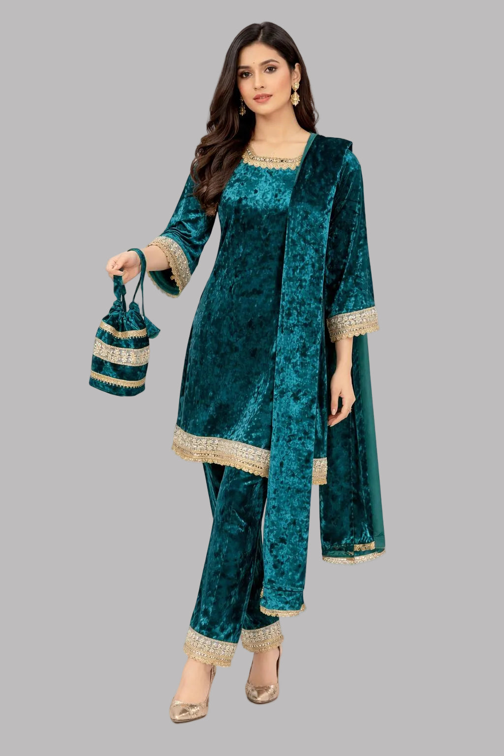 Ice Velvet A Line Kurta Set with Potli - Teal Blue