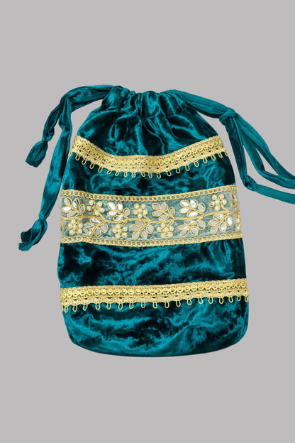 Ice Velvet A Line Kurta Set with Potli - Teal Blue