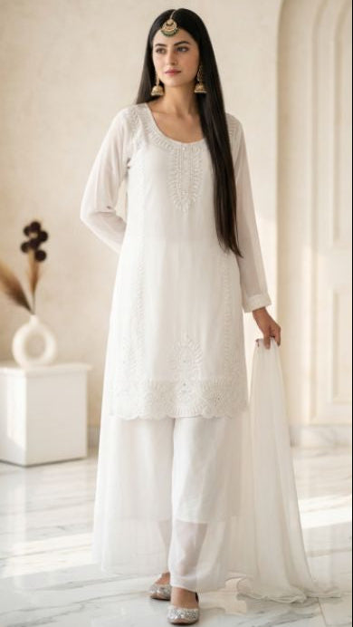 OFF WHITE HANDWORK KURTA WITH SHARARA AND DUPATTA